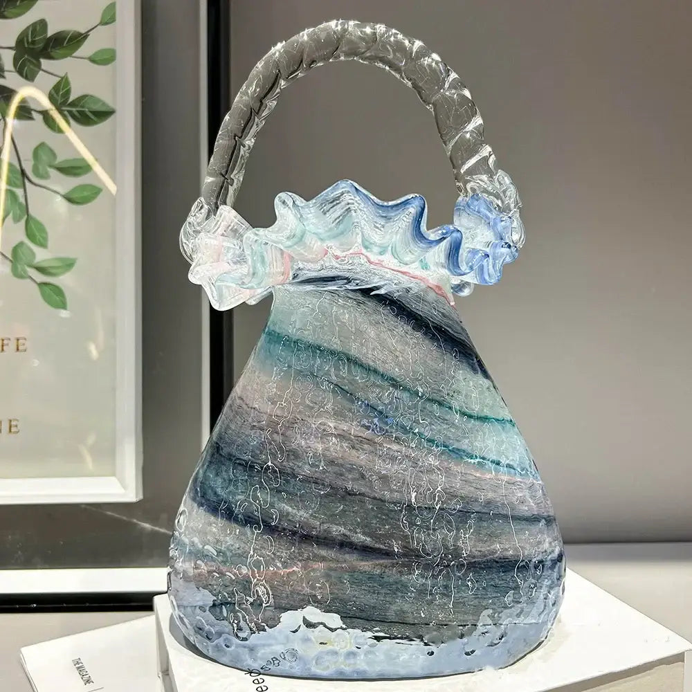 Translucent blue and gray glass vase basket handbag with twisted handle and ruffled top edge by decorbites glass vase
