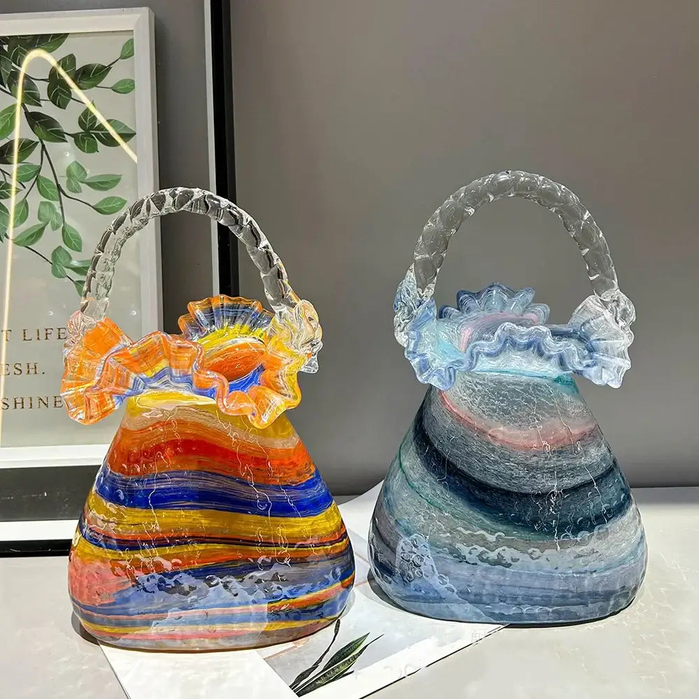 DecorBites glass vase basket handbag in vibrant multicolored glass with ruffled top and clear twisted handle