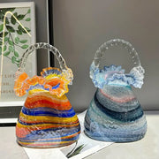 DecorBites glass vase basket handbag in vibrant multicolored glass with ruffled top and clear twisted handle