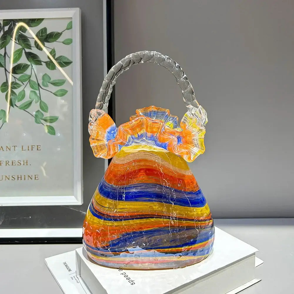 DecorBites glass vase basket handbag with swirling rainbow stripes orange yellow blue red clear twisted handle ruffled top