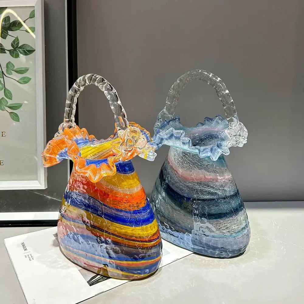 Vibrant hand-blown decorbites glass vase basket handbag with rainbow stripes and clear twisted handles for decoration