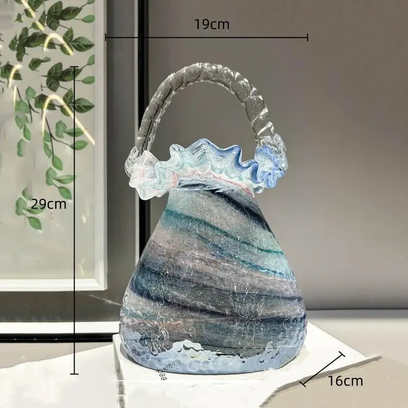 DecorBites glass vase basket handbag in translucent blue and gray glass with textured wavy handle for home decoration