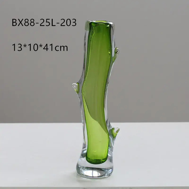 Translucent green decorbites glass vase with branching tree design and clear glass accents for floral arrangements