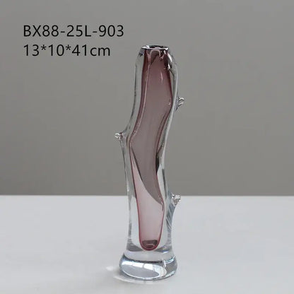 Translucent decorbites glass vase with tree-like sculpted form and clear to deep rose gradient for floral arrangement