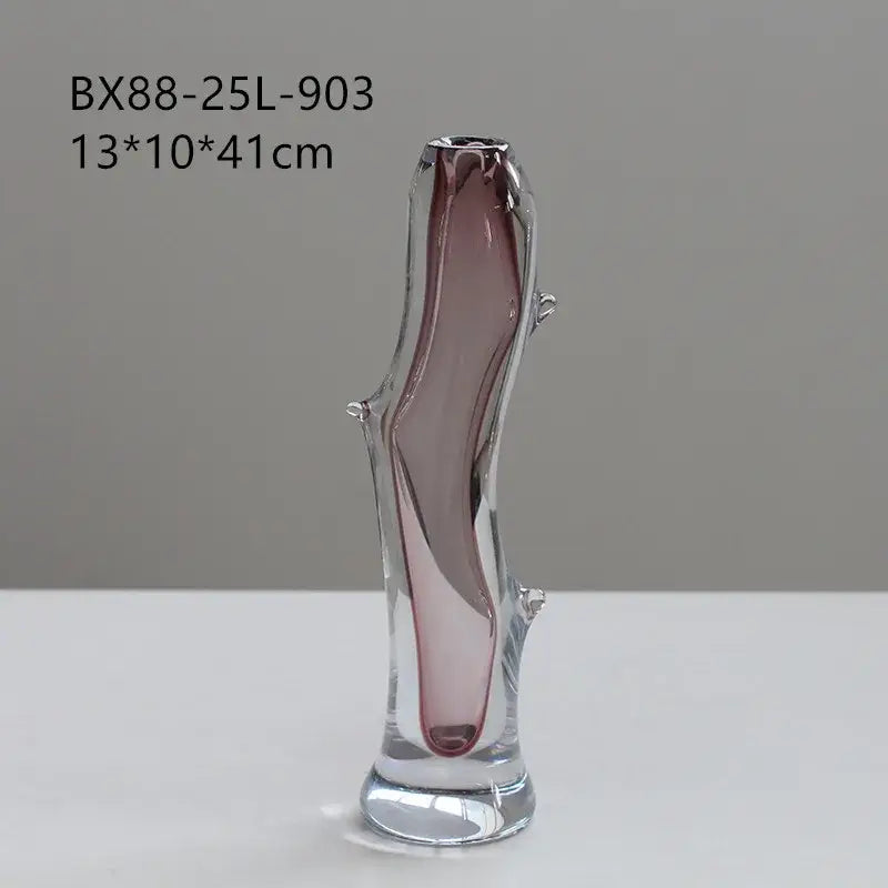 Translucent decorbites glass vase with tree-like sculpted form and clear to deep rose gradient for floral arrangement
