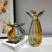 Two hand-blown decorbites glass vases with glossy amber silver and golden brown striped designs for home decor