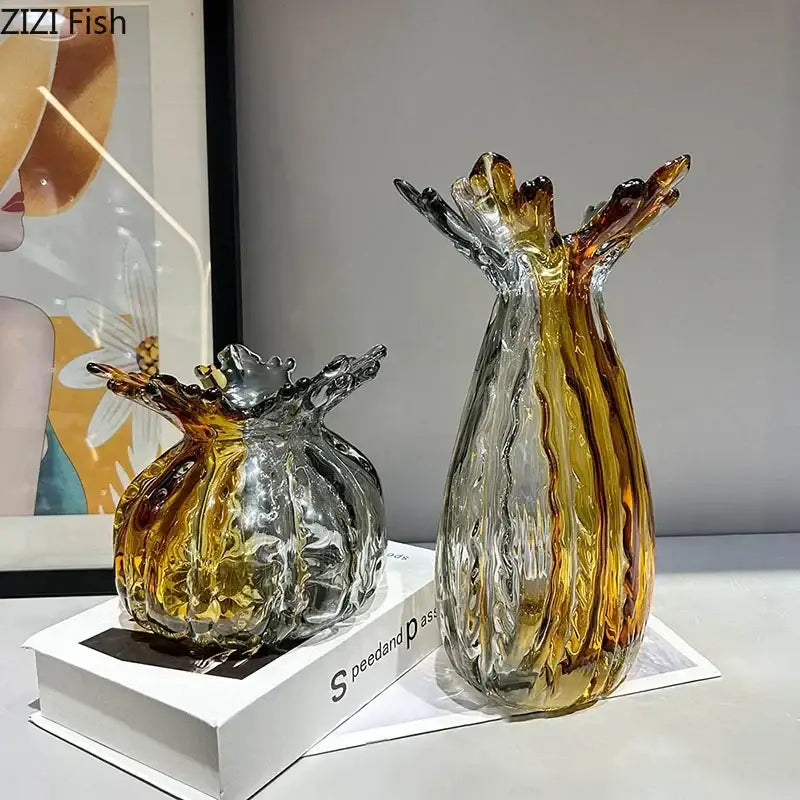 Two hand-blown decorbites glass vases with glossy amber silver and golden brown striped designs for home decor