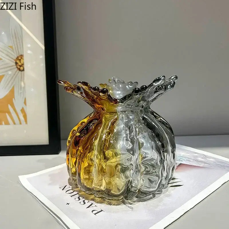Translucent decorbites glass vase with split amber and clear textured pomegranate design for home decor and crafts