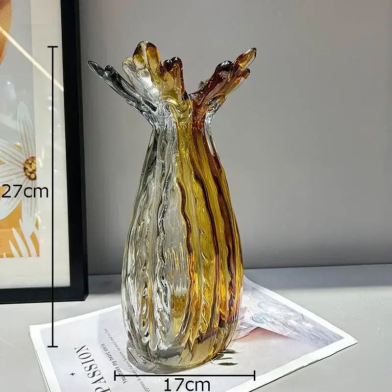 DecorBites glass vase with a translucent amber swirling gradient and organic leaf edge for home decor and crafts