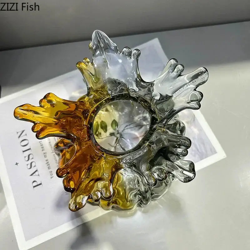 Decorbites glass vase with a translucent amber and clear sunburst design and central mirror for creative home decor