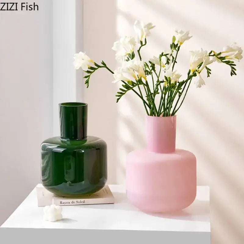 Pink matte glass vase with cylindrical neck and rounded body decorbites glass vase for artificial flowers desk decoration