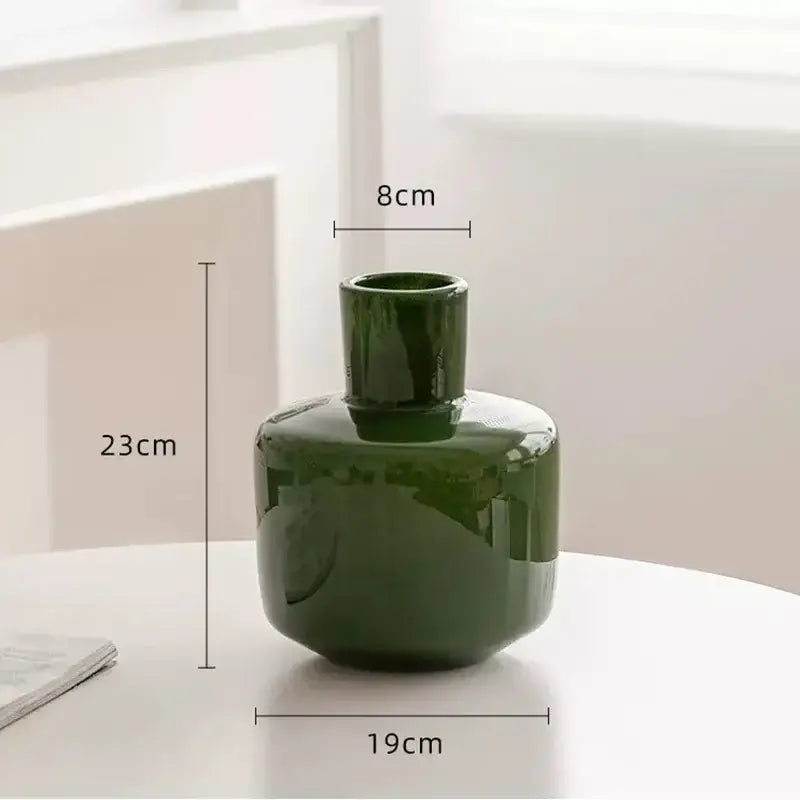Decorbites glass vase desk decoration pot in sleek glossy dark green ceramic with artificial flowers for modern decor