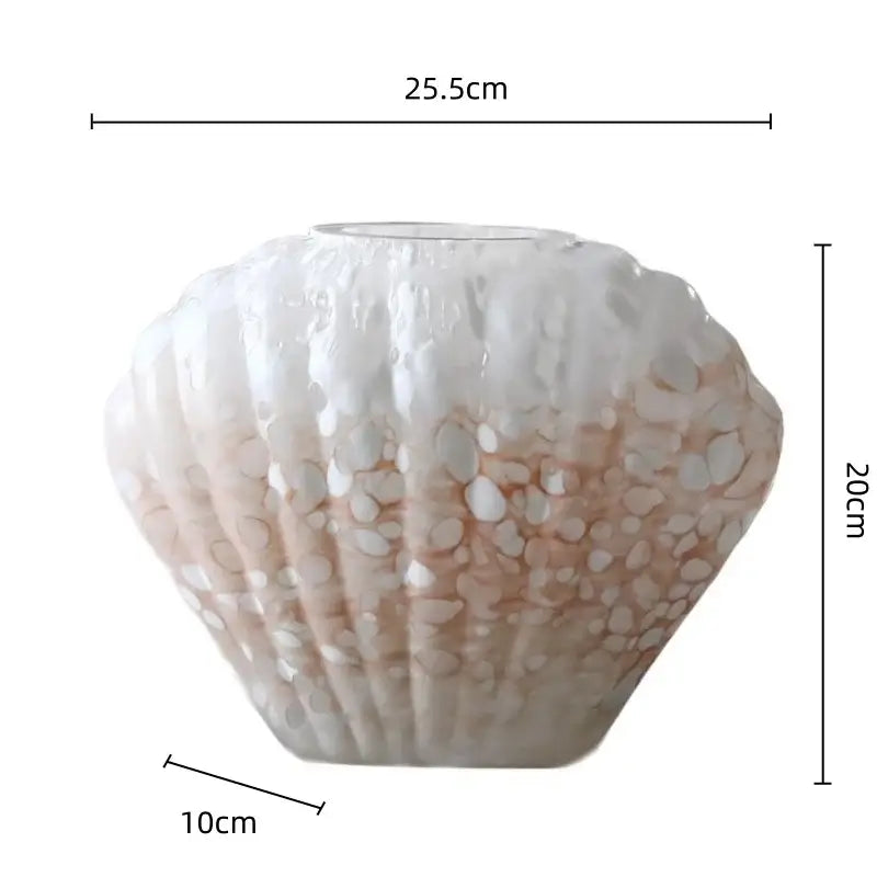 Translucent shell-shaped decorbites glass vase with white to peach gradient and pearl speckles for home decor floral arrangement
