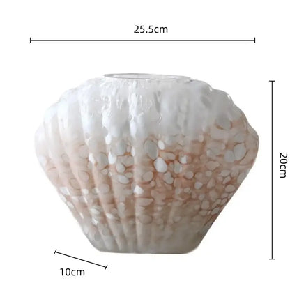 Translucent shell-shaped decorbites glass vase with white to peach gradient and pearl speckles for home decor floral arrangement