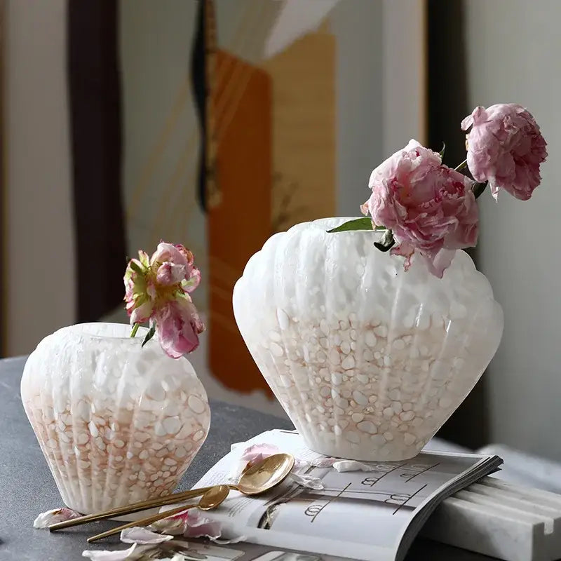 White textured ceramic decorbites glass vase with scalloped shell design and pinkish gradient for home decor floral use