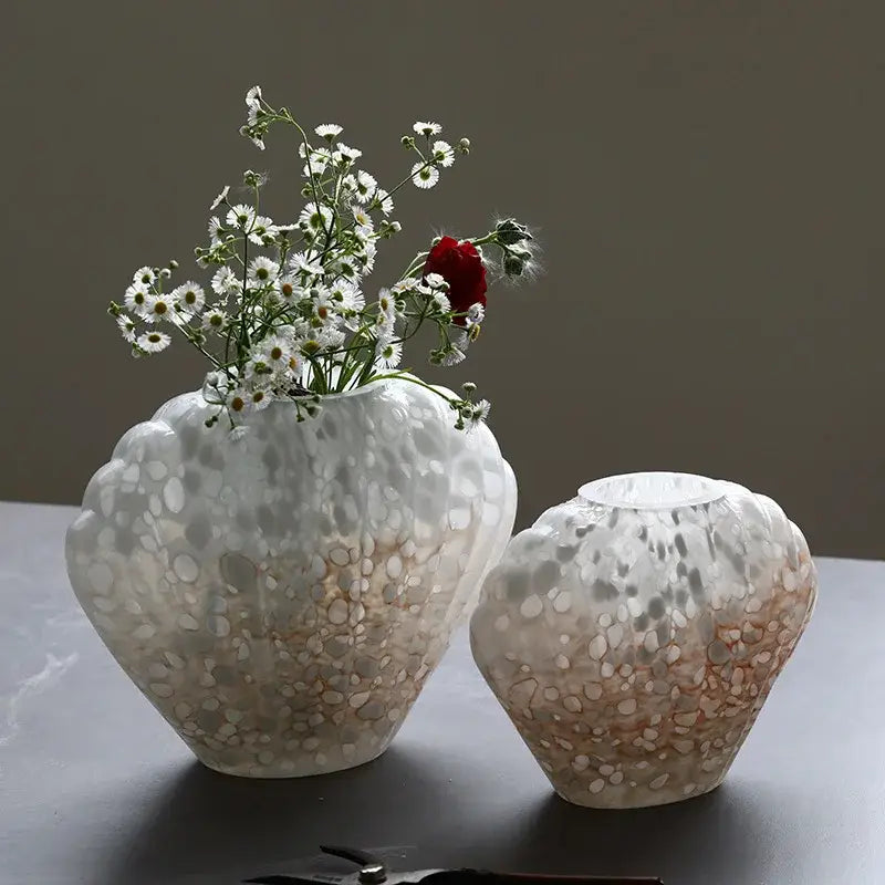 Two translucent bubble-textured decorbites glass vases with white to warm beige gradient for home decor and floral arrangements