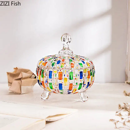Colorful handcrafted glass candy dish with mosaic pattern and clear crystal legs for decorbites glass vase flower display