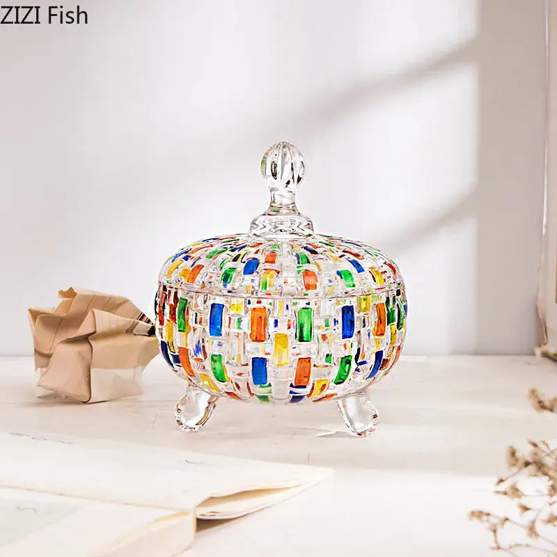 Colorful handcrafted glass candy dish with mosaic pattern and clear crystal legs for decorbites glass vase flower display