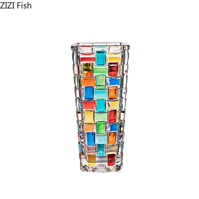 Decorbites glass vase featuring a vibrant mosaic of colorful square tiles in clear glass for modern flower pots and decor