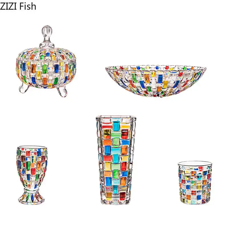 Colorful mosaic glass vase flower pots by zizi fish featuring vibrant rectangular tiles in red blue green yellow and orange