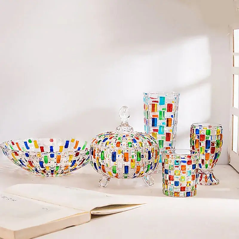 A decorbites glass vase candy dish with colorful mosaic tiles and clear crystal lid suitable as flower pots or glass vase flower decor