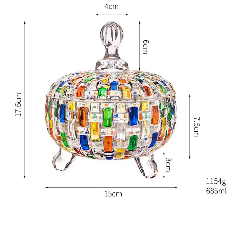 A decorbites glass vase flower pot featuring a vibrant handcrafted glass candy jar with a woven mosaic pattern