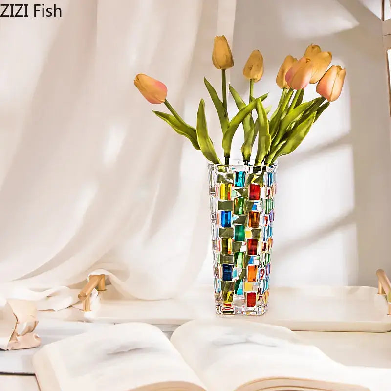 Decorbites glass vase flower pot featuring a vibrant mosaic of colorful translucent tiles in red blue green and yellow