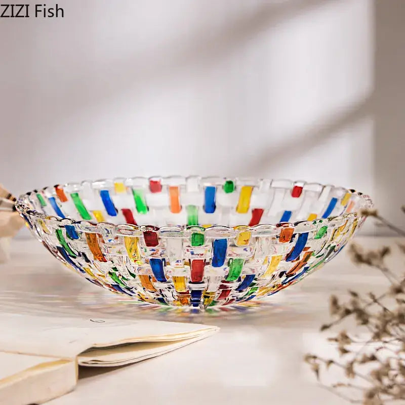 A vibrant decorbites glass vase flower bowl with multicolored translucent woven glass segments for flower pots