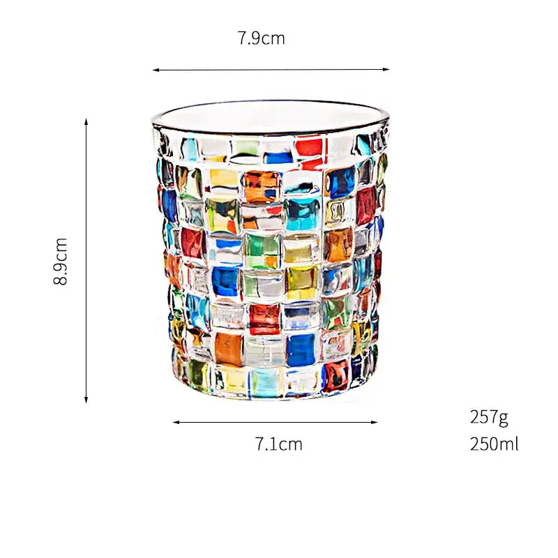 A vibrant decorbites glass vase flower pot featuring a multicolored mosaic of red, blue, green, yellow, and clear glass tiles