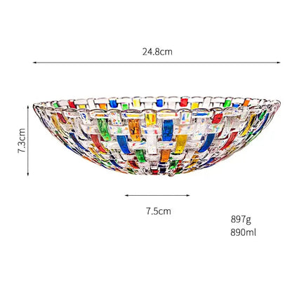 A vibrant DecorBites glass vase flower pot with multicolored translucent woven glass segments in red blue green and yellow