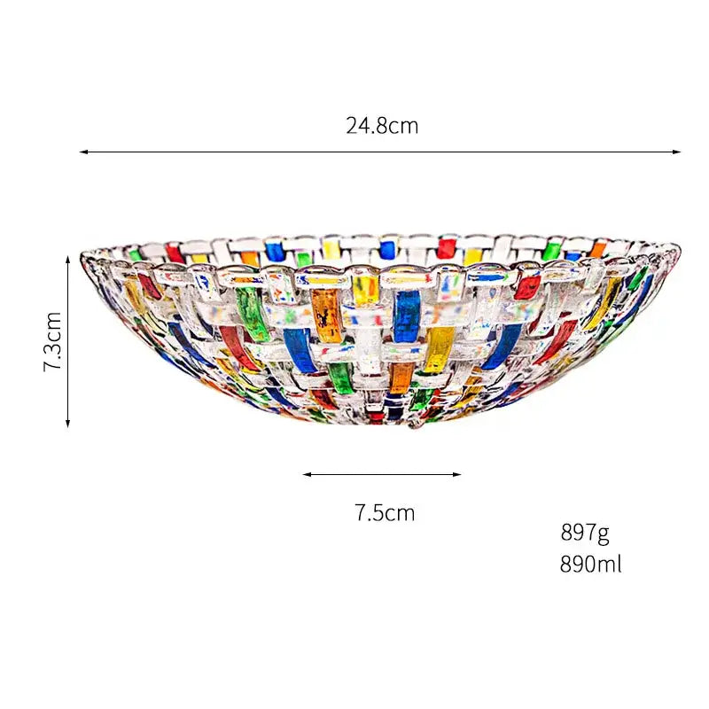 A vibrant DecorBites glass vase flower pot with multicolored translucent woven glass segments in red blue green and yellow