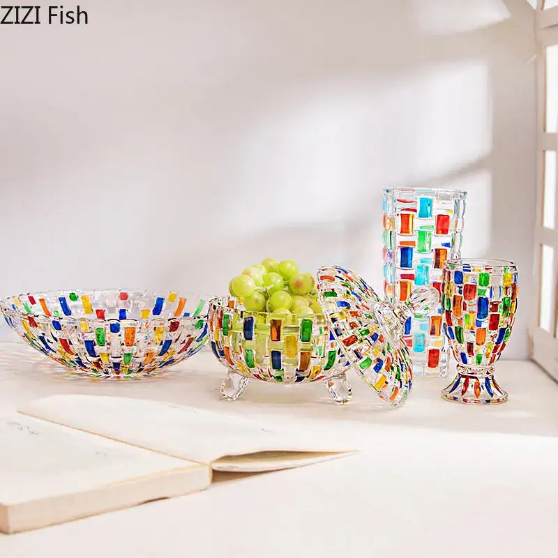 Colorful decorbites glass vase flower pots with vibrant mosaic glass tiles in red blue green and yellow woven pattern