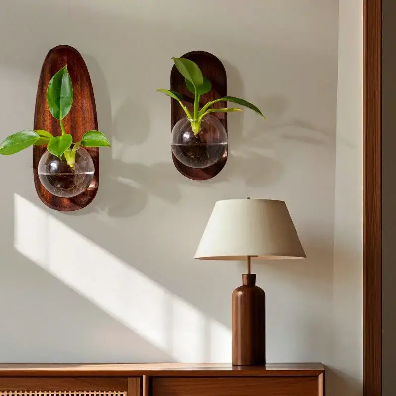 Two dark wood decorbites glass vase wall-mounted flowerpots holding small green plants in clear glass spheres for home décor