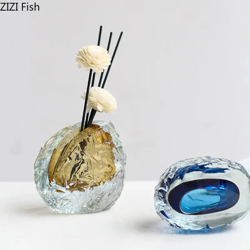 Decorbites glass vase with elegant wrinkle design featuring clear textured glass and embedded gold foil interior for decor