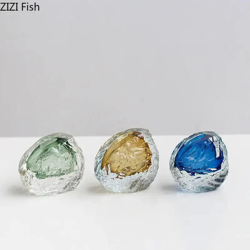 Three handcrafted decorbites glass vases with vibrant green gold blue hues and elegant wrinkle design for floral decor