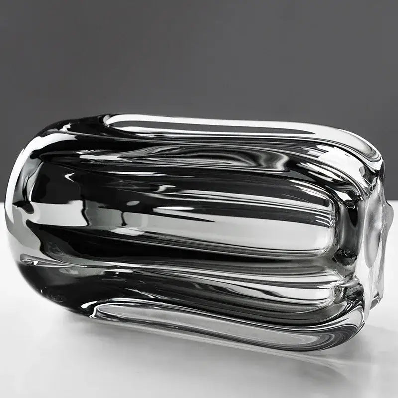 A sleek transparent decorbites glass vase with flowing ridges and smooth curves for hydroponics and flower arrangement
