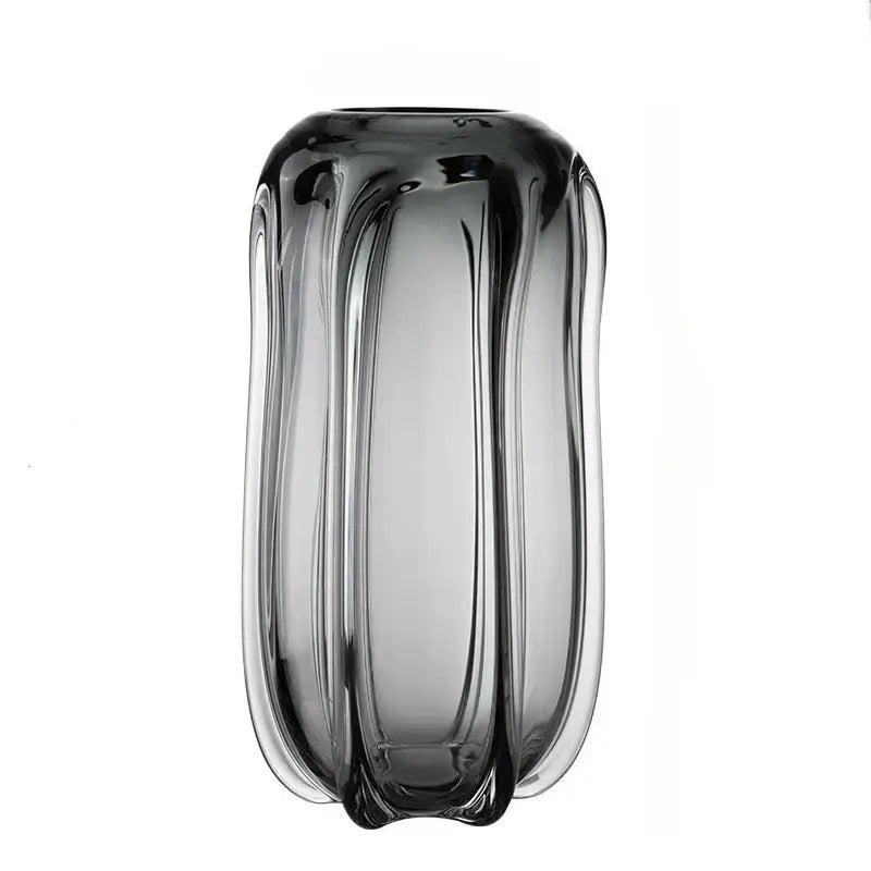 A sleek dark gray decorbites glass vase with modern ribbed design for hydroponics and flower arrangement