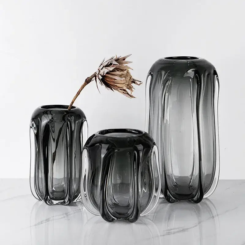 Set of three sleek dark gray decorbites glass vase with ribbed design for hydroponics and flower arrangement