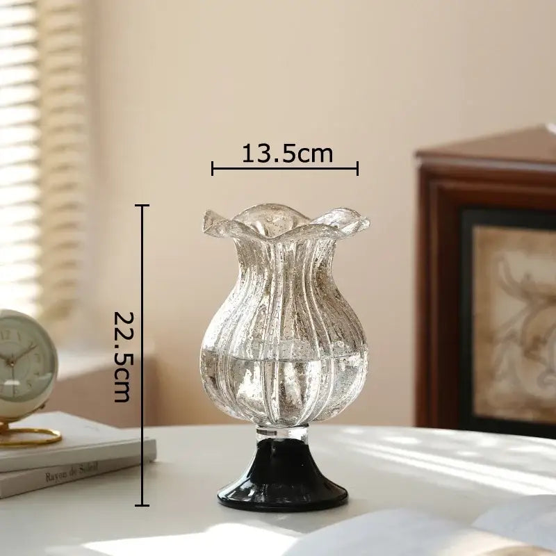 DecorBites glass vase with fluted textured glass body and ruffled rim on black base for hydroponics and decor