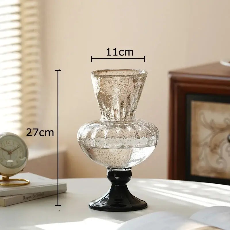 DecorBites glass vase clear with textured speckled surface and black base for hydroponics and flower arrangement