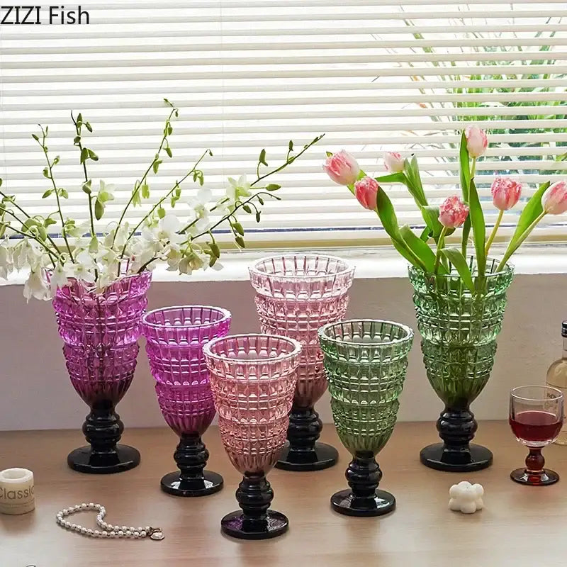 DecorBites glass vase featuring colorful gradient ribbed glass with black base for hydroponics and room decor