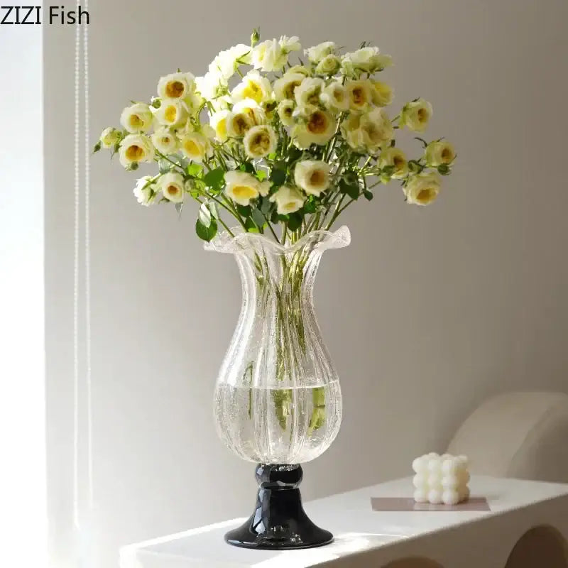 Clear glass decorbites glass vase with fluted ribbed body and black glossy pedestal base for hydroponics and decor
