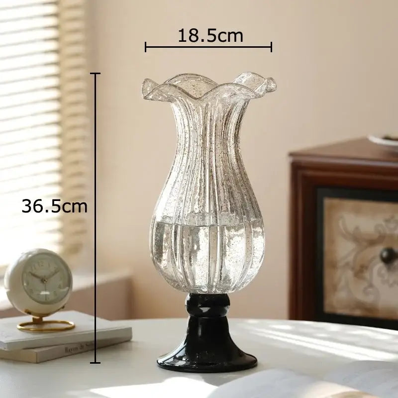Clear decorbites glass vase with textured fluted rim and black pedestal base for hydroponics and room decor