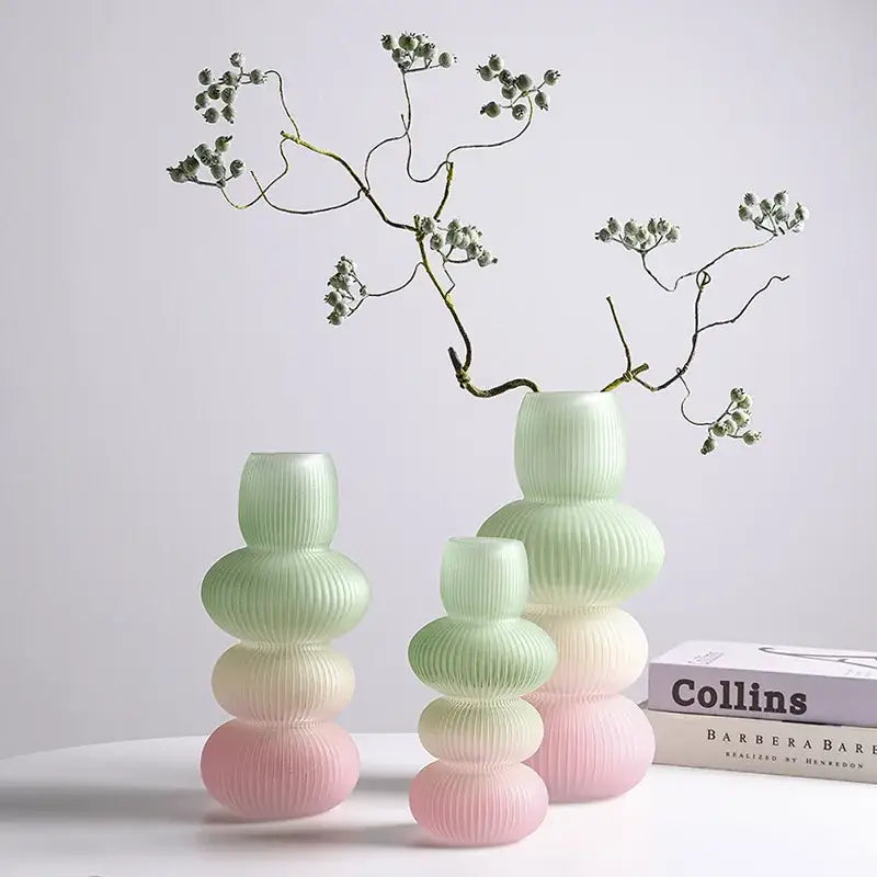Pastel green and pink decorbites glass vase geometric ribbed stackable glass vase geometric gradient flowerpot