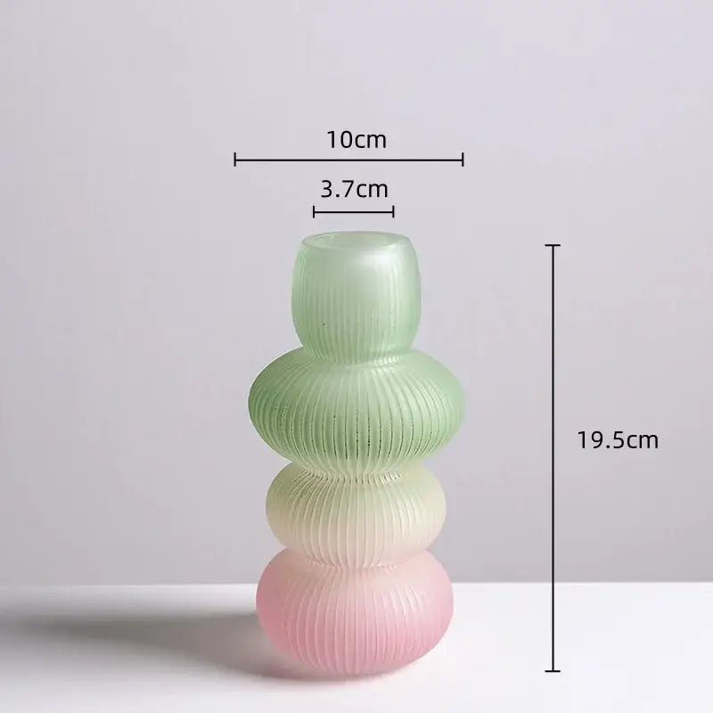 Pastel gradient decorbites glass vase with stacked ribbed spherical segments in soft green cream and pink geometric gradient design