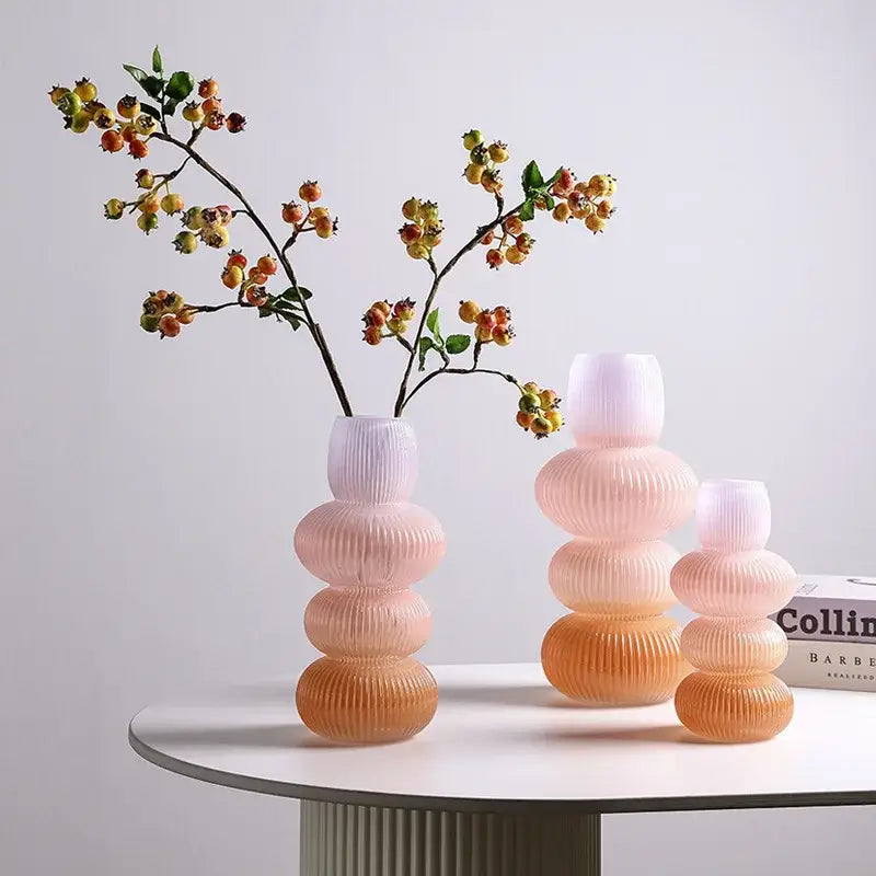 Pastel pink and peach decorbites glass vase geometric with stacked ribbed segments for home decoration terrarium