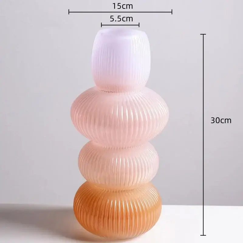 Translucent decorbites glass vase with geometric gradient vertical ridges and stacked spherical segments for home decoration