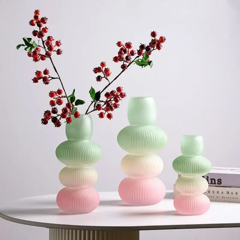 Pastel gradient stacked decorbites glass vase with ribbed texture and rounded segments for geometric gradient decor