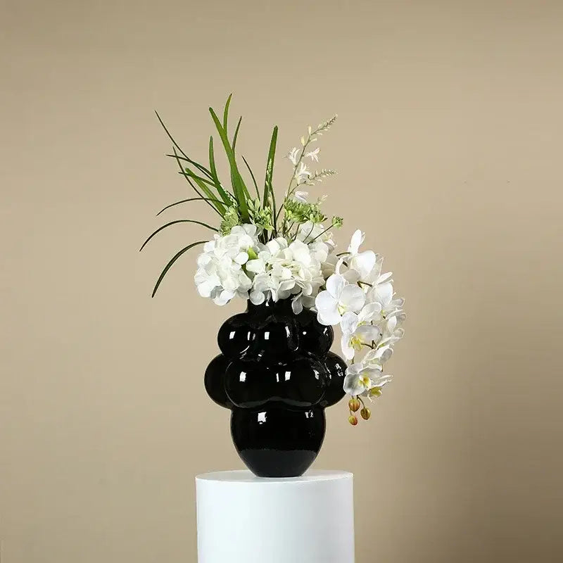 Black glossy ceramic decorbites glass vase grape geometric with bubbly segmented design for home decoration