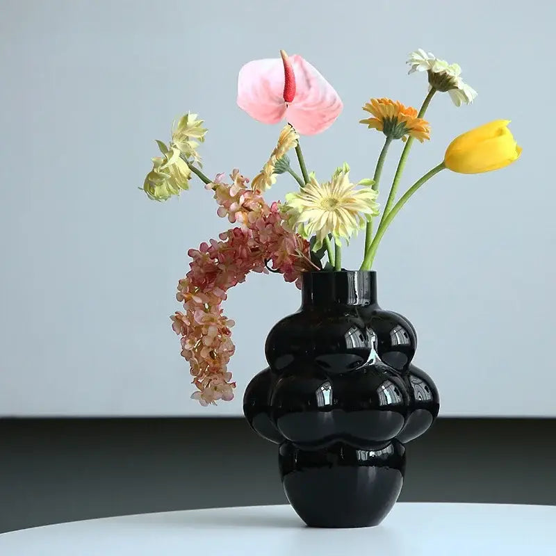 Black glossy ceramic decorbites glass vase grape geometric with rounded segmented design for home decoration